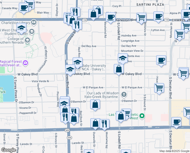 map of restaurants, bars, coffee shops, grocery stores, and more near 5785 West Oakey Boulevard in Las Vegas