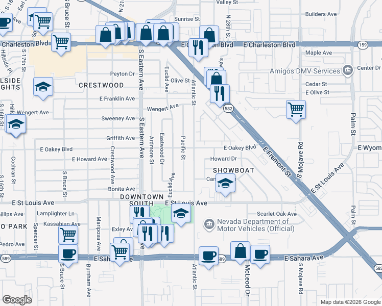 map of restaurants, bars, coffee shops, grocery stores, and more near 1614 Atlantic Street in Las Vegas