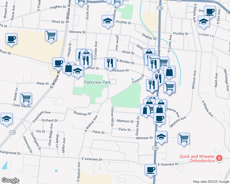 map of restaurants, bars, coffee shops, grocery stores, and more near 585 Foutch Drive in Cookeville
