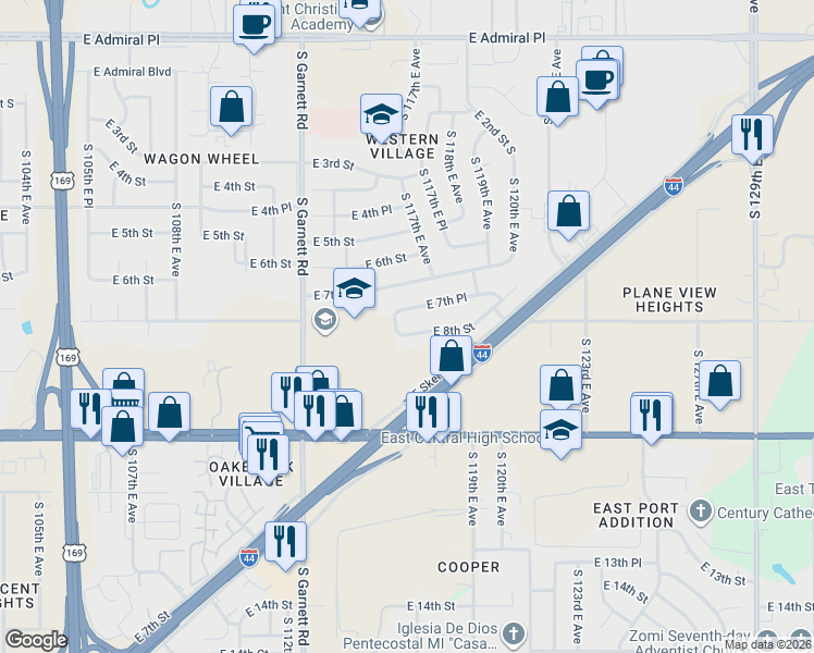map of restaurants, bars, coffee shops, grocery stores, and more near 11511 E 8th St in Tulsa