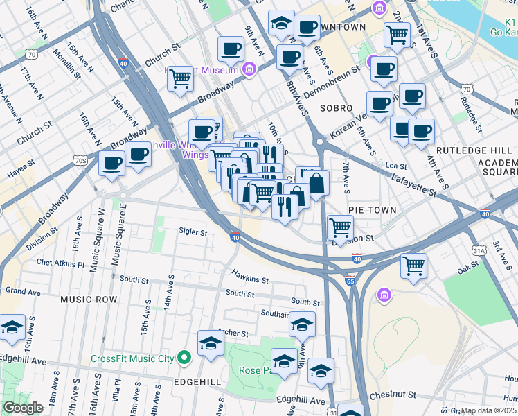 map of restaurants, bars, coffee shops, grocery stores, and more near 600 12th Avenue South in Nashville
