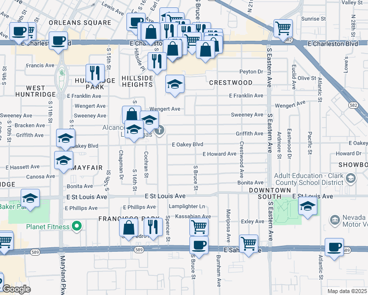 map of restaurants, bars, coffee shops, grocery stores, and more near 1720 East Oakey Boulevard in Las Vegas