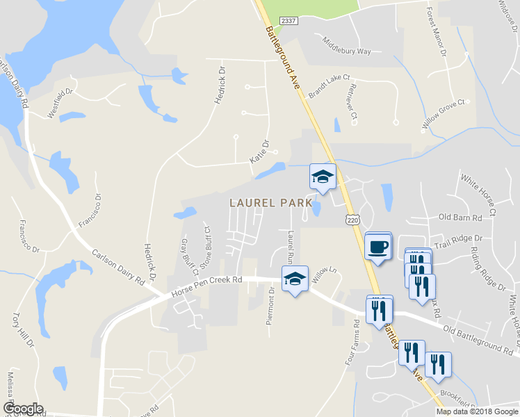 map of restaurants, bars, coffee shops, grocery stores, and more near 4703 Merlot Way in Greensboro