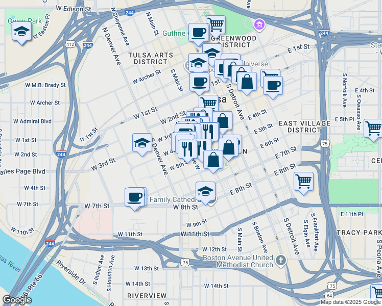 map of restaurants, bars, coffee shops, grocery stores, and more near 420 South Boulder Avenue in Tulsa