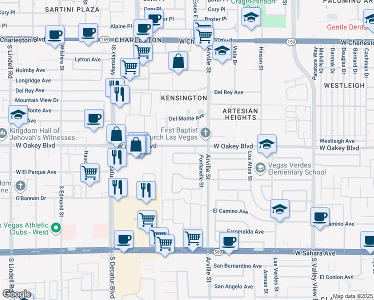 map of restaurants, bars, coffee shops, grocery stores, and more near 4424 Hillcrest Avenue in Las Vegas