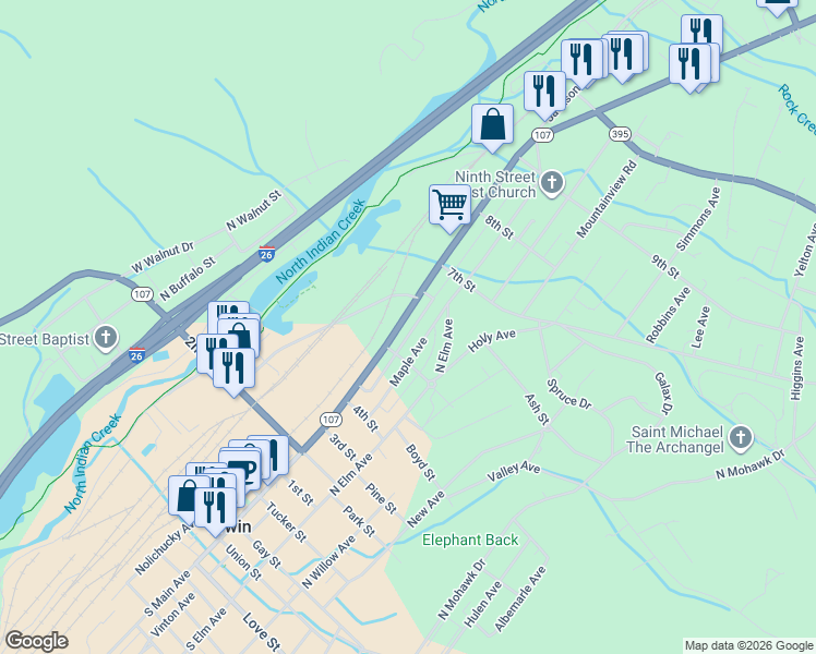 map of restaurants, bars, coffee shops, grocery stores, and more near 728 N Main Ave in Erwin