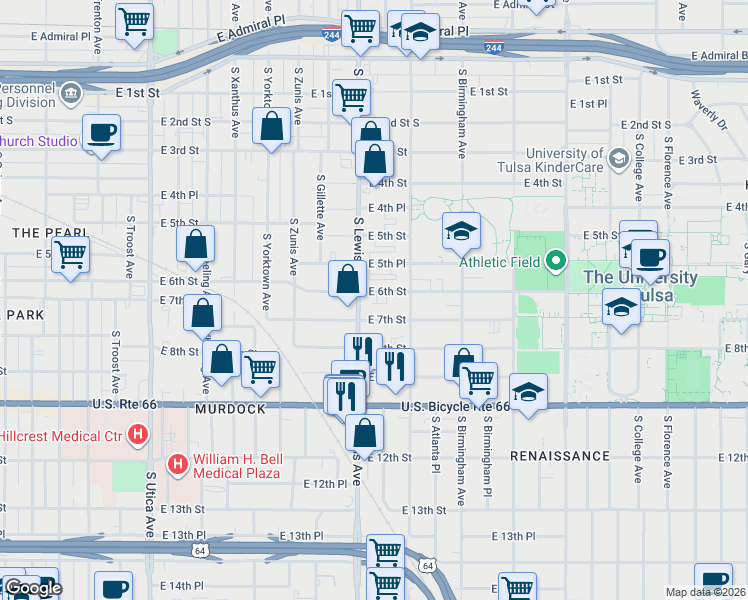 map of restaurants, bars, coffee shops, grocery stores, and more near 2402 East 6th Street in Tulsa