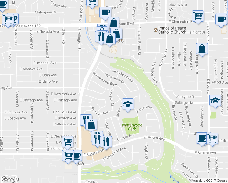 map of restaurants, bars, coffee shops, grocery stores, and more near 1870 Corvette Street in Las Vegas