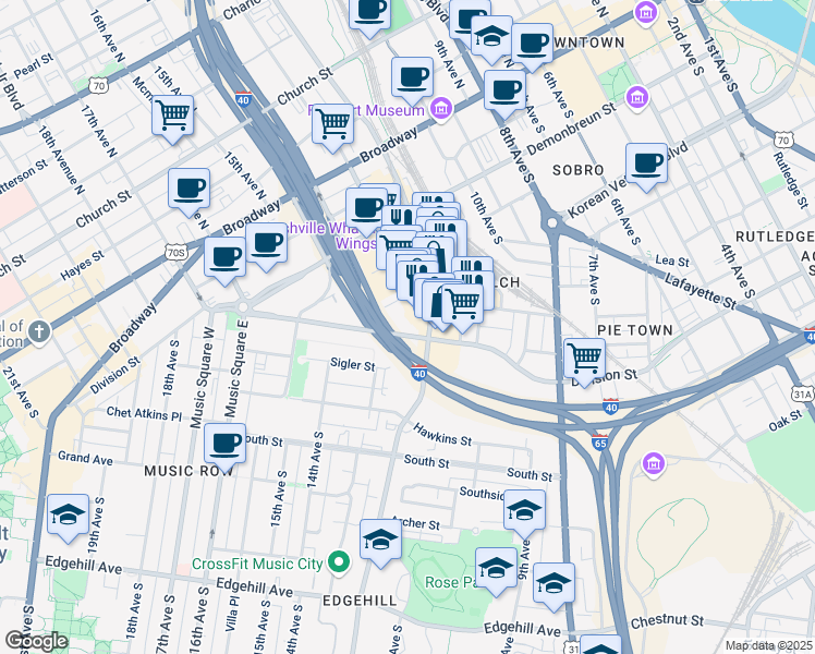map of restaurants, bars, coffee shops, grocery stores, and more near 1200 Division Street in Nashville