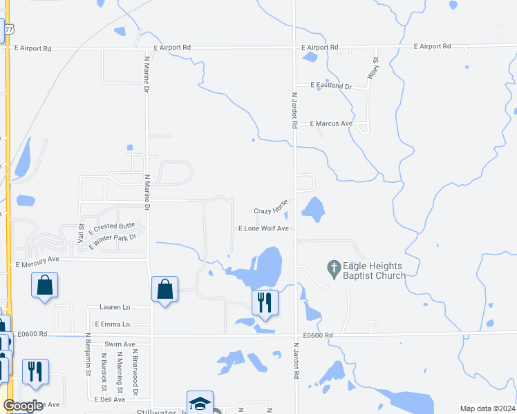 map of restaurants, bars, coffee shops, grocery stores, and more near 1904 Crazy Horse in Stillwater