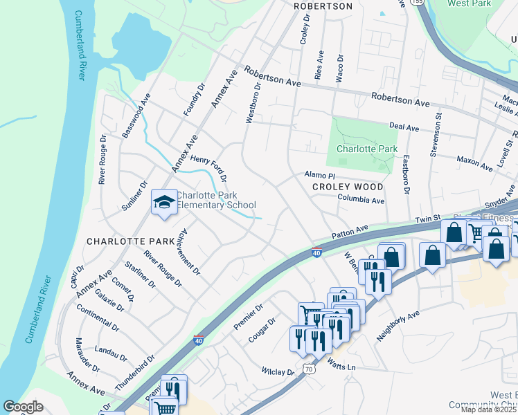 map of restaurants, bars, coffee shops, grocery stores, and more near 6210 Henry Ford Drive in Nashville