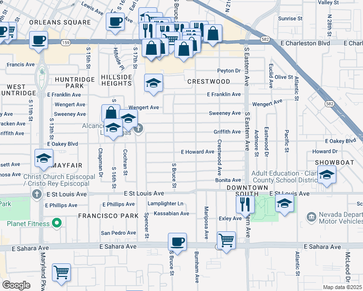 map of restaurants, bars, coffee shops, grocery stores, and more near 1808 East Oakey Boulevard in Las Vegas