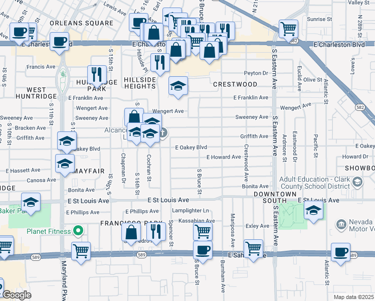 map of restaurants, bars, coffee shops, grocery stores, and more near 1720 East Oakey Boulevard in Las Vegas