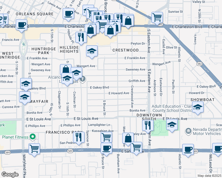 map of restaurants, bars, coffee shops, grocery stores, and more near 1800 East Oakey Boulevard in Las Vegas