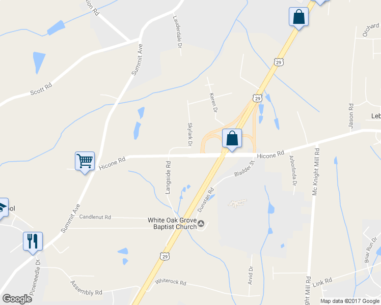 map of restaurants, bars, coffee shops, grocery stores, and more near 5205 Skylark Drive in Greensboro
