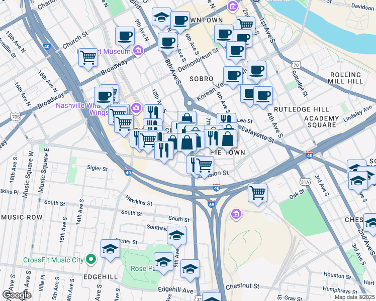 map of restaurants, bars, coffee shops, grocery stores, and more near 603 U.S. 31 in Nashville