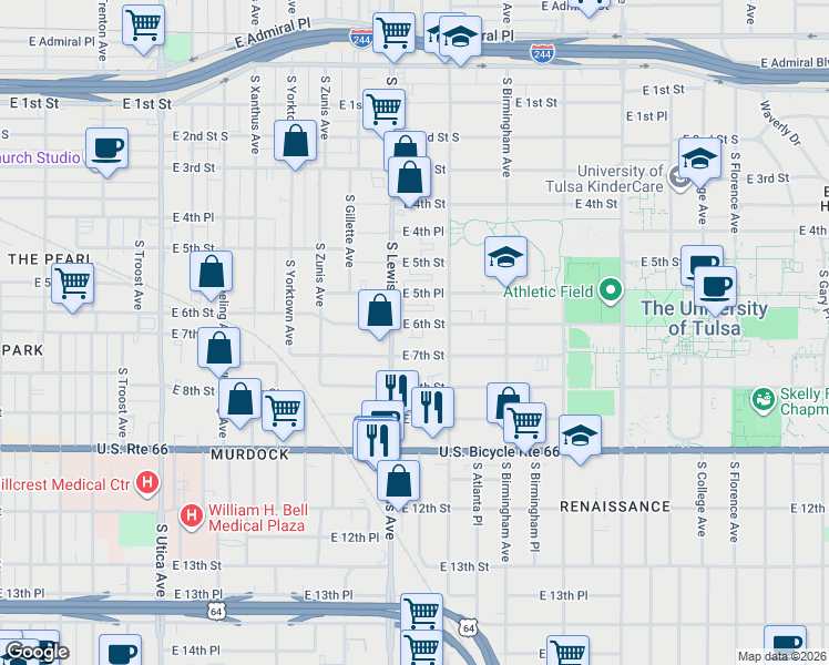 map of restaurants, bars, coffee shops, grocery stores, and more near 2402 East 6th Street in Tulsa