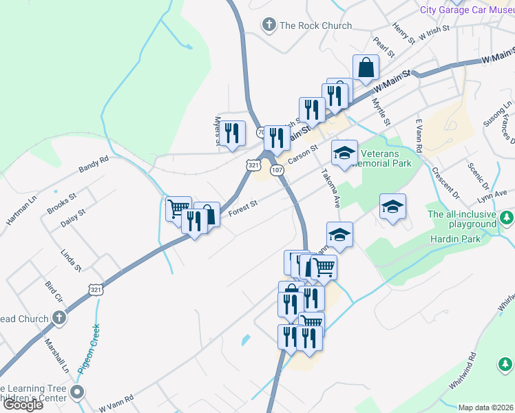 map of restaurants, bars, coffee shops, grocery stores, and more near 1115 Forest Street in Greeneville