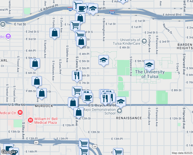 map of restaurants, bars, coffee shops, grocery stores, and more near 2524 East 6th Street in Tulsa