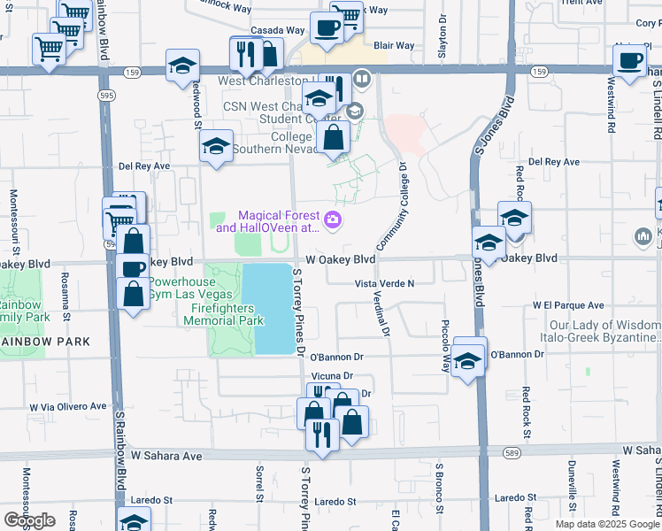 map of restaurants, bars, coffee shops, grocery stores, and more near 6345 West Oakey Boulevard in Las Vegas