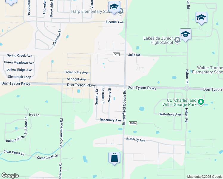 map of restaurants, bars, coffee shops, grocery stores, and more near 3653 Serene Street in Springdale