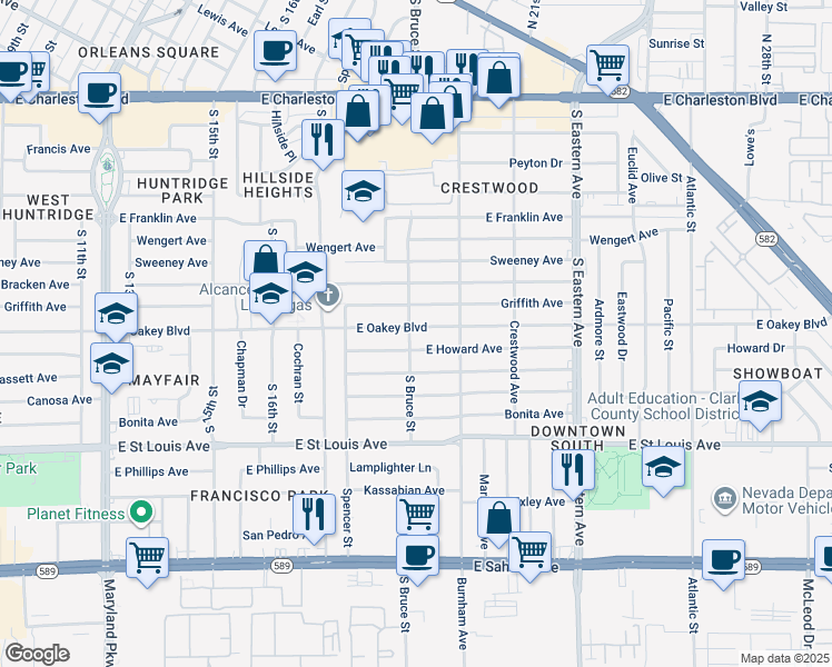 map of restaurants, bars, coffee shops, grocery stores, and more near 1800 East Oakey Boulevard in Las Vegas