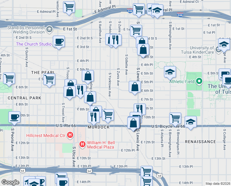 map of restaurants, bars, coffee shops, grocery stores, and more near 616 South Zunis Avenue in Tulsa