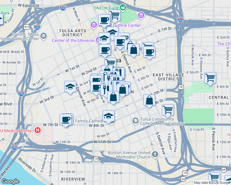 map of restaurants, bars, coffee shops, grocery stores, and more near 16 East 5th Street in Tulsa