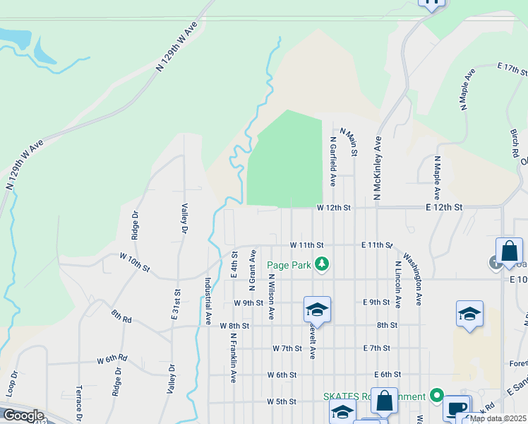 map of restaurants, bars, coffee shops, grocery stores, and more near 1201 North Cleveland Avenue in Sand Springs