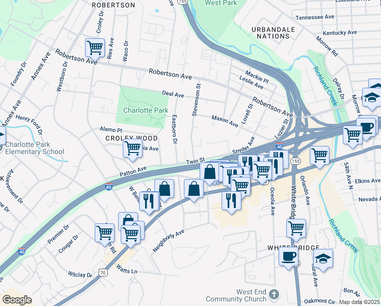 map of restaurants, bars, coffee shops, grocery stores, and more near 509A Stevenson Street in Nashville