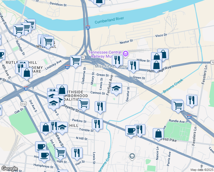 map of restaurants, bars, coffee shops, grocery stores, and more near 91 Fain Street in Nashville