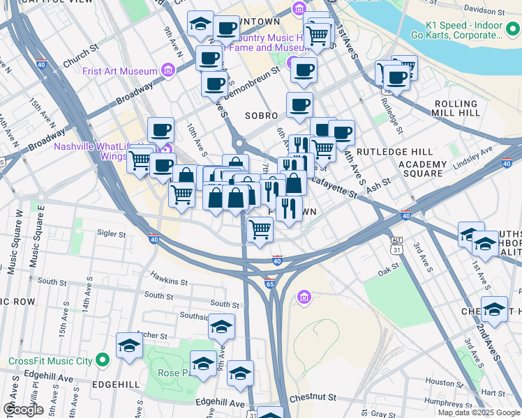 map of restaurants, bars, coffee shops, grocery stores, and more near 633 7th Avenue South in Nashville
