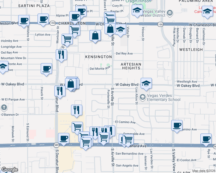 map of restaurants, bars, coffee shops, grocery stores, and more near 4404 Hillcrest Avenue in Las Vegas