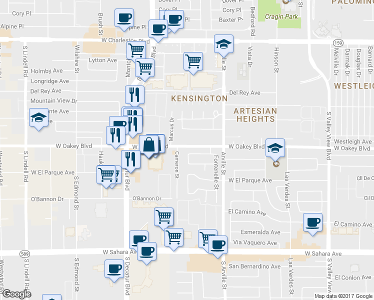 map of restaurants, bars, coffee shops, grocery stores, and more near 4520 Hillcrest Avenue in Las Vegas