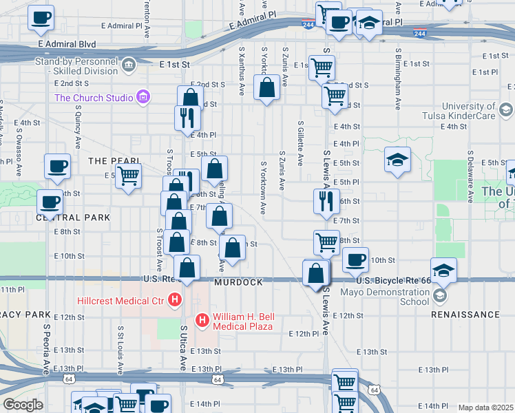 map of restaurants, bars, coffee shops, grocery stores, and more near 616 South Yorktown Avenue in Tulsa