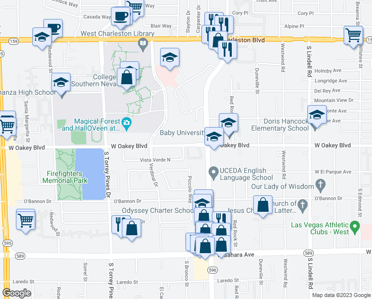 map of restaurants, bars, coffee shops, grocery stores, and more near 6157 West Oakey Boulevard in Las Vegas