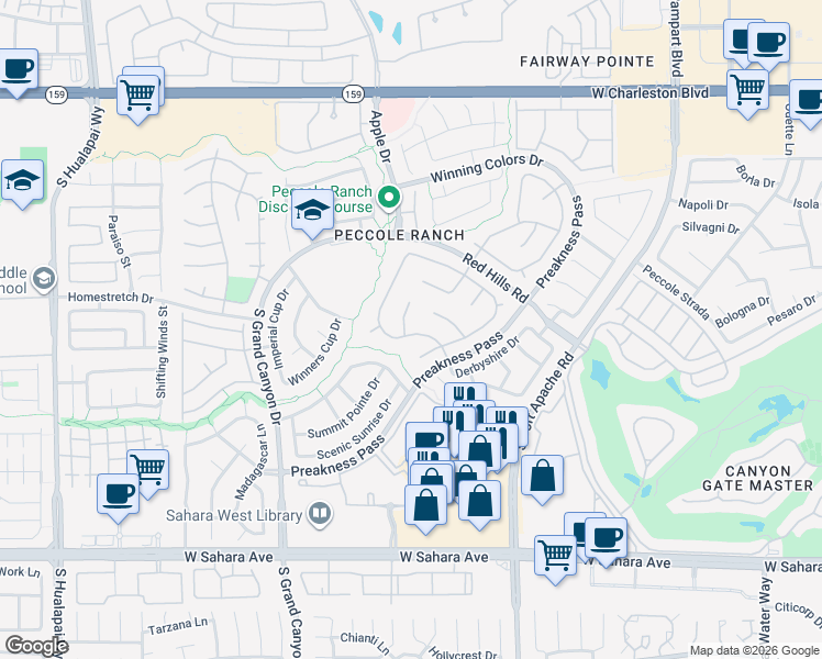 map of restaurants, bars, coffee shops, grocery stores, and more near 1624 Windsford Circle in Las Vegas