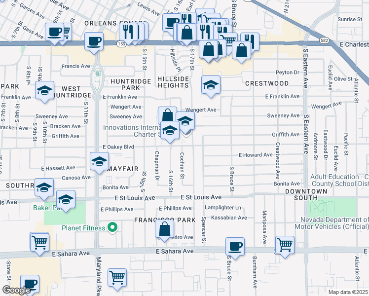 map of restaurants, bars, coffee shops, grocery stores, and more near 1701 Cochran Street in Las Vegas