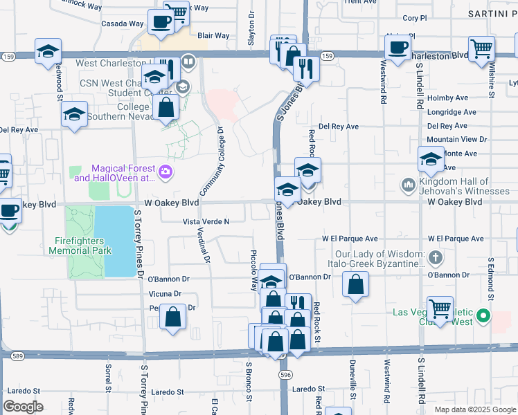 map of restaurants, bars, coffee shops, grocery stores, and more near 6153 West Oakey Boulevard in Las Vegas