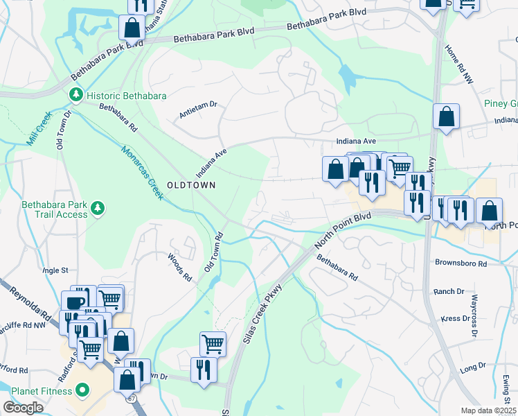 map of restaurants, bars, coffee shops, grocery stores, and more near 5750 Hickory Knoll Drive in Winston-Salem