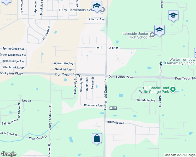 map of restaurants, bars, coffee shops, grocery stores, and more near 3653 Serene Street in Springdale