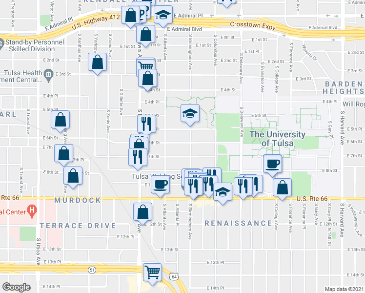 map of restaurants, bars, coffee shops, grocery stores, and more near 2524 East 6th Street in Tulsa