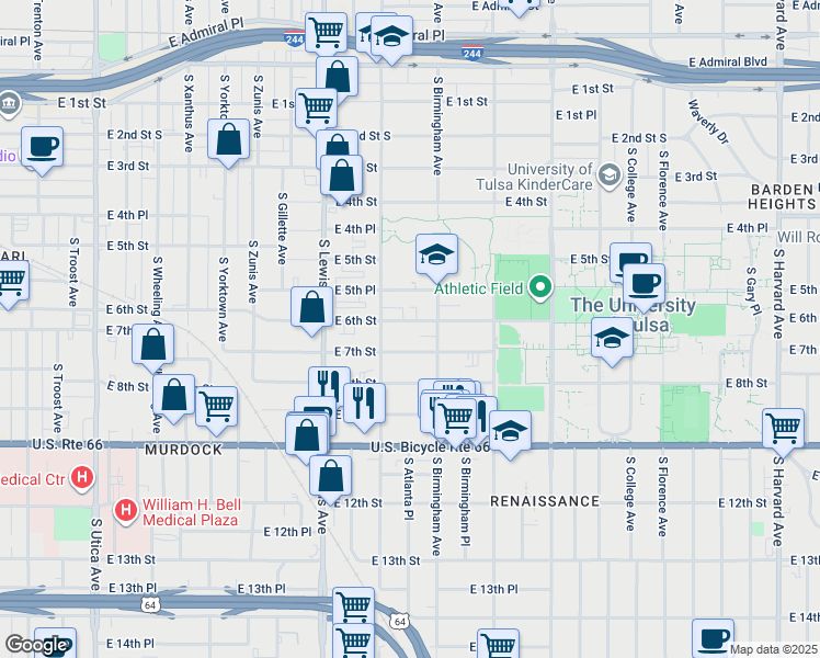 map of restaurants, bars, coffee shops, grocery stores, and more near 2524 East 6th Street in Tulsa