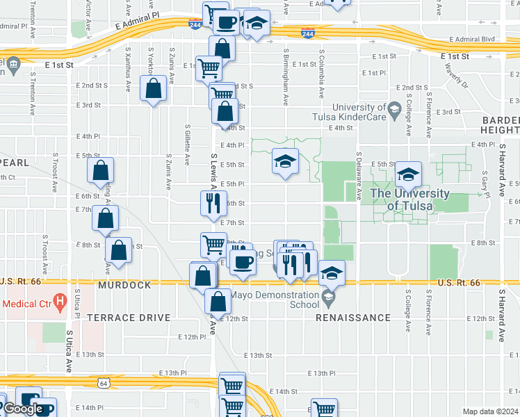 map of restaurants, bars, coffee shops, grocery stores, and more near 2524 East 6th Street in Tulsa