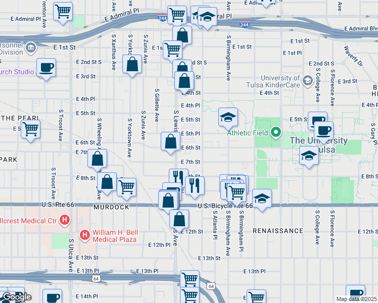 map of restaurants, bars, coffee shops, grocery stores, and more near 2440 East 6th Street in Tulsa