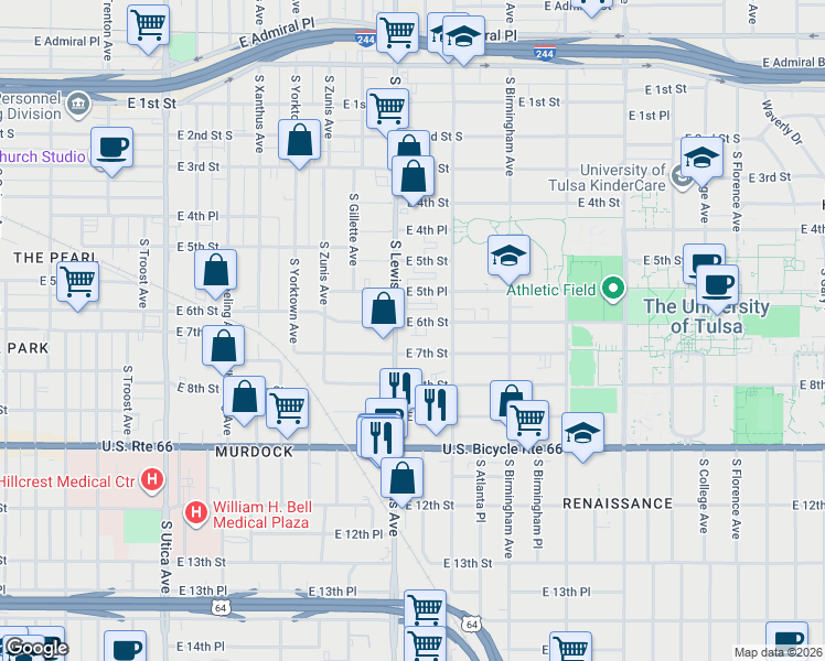 map of restaurants, bars, coffee shops, grocery stores, and more near 2402 East 6th Street in Tulsa