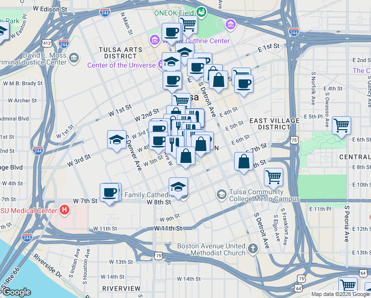 map of restaurants, bars, coffee shops, grocery stores, and more near 6 East 5th Street in Tulsa