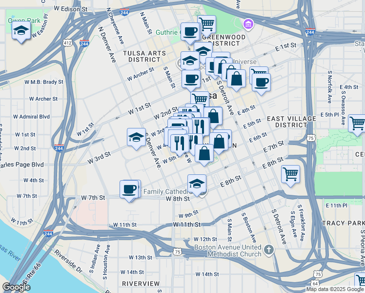map of restaurants, bars, coffee shops, grocery stores, and more near 17 West 5th Street in Tulsa