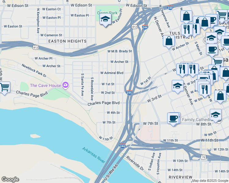 map of restaurants, bars, coffee shops, grocery stores, and more near 124 South Olympia Avenue in Tulsa