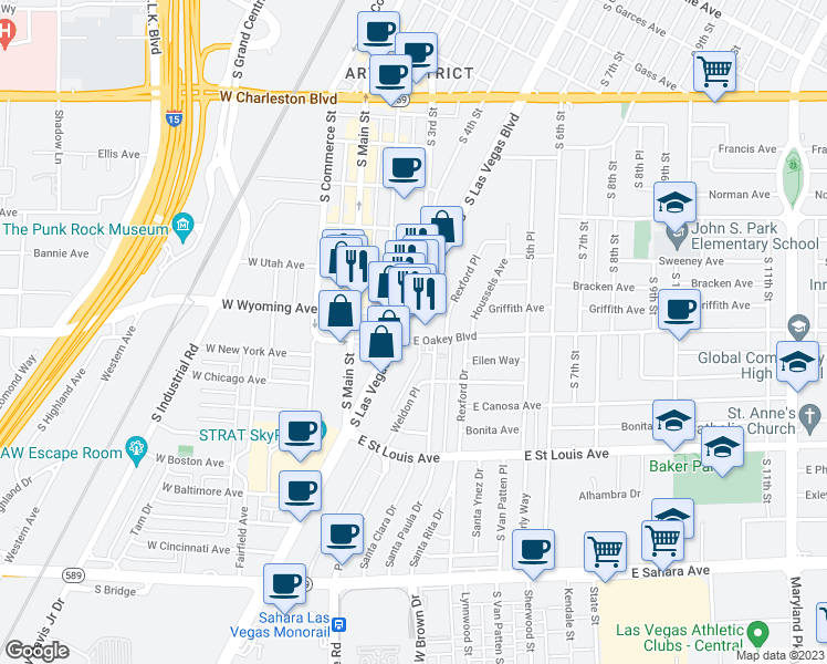 map of restaurants, bars, coffee shops, grocery stores, and more near 1619 South Las Vegas Boulevard in Las Vegas